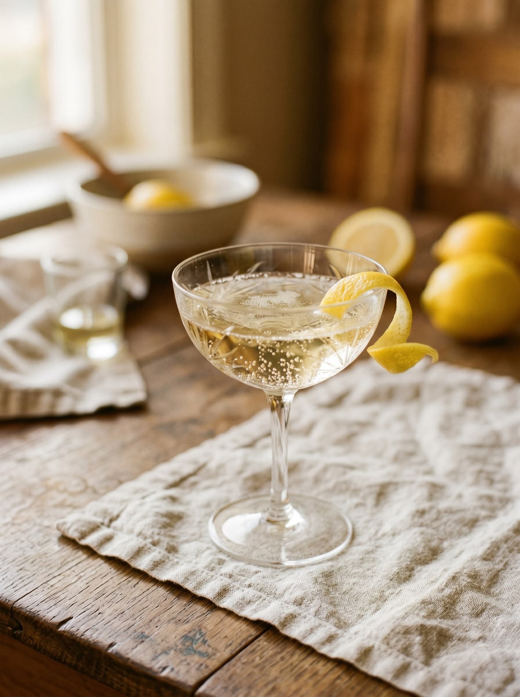 French 75 analcolico in coppa con scorza di limone