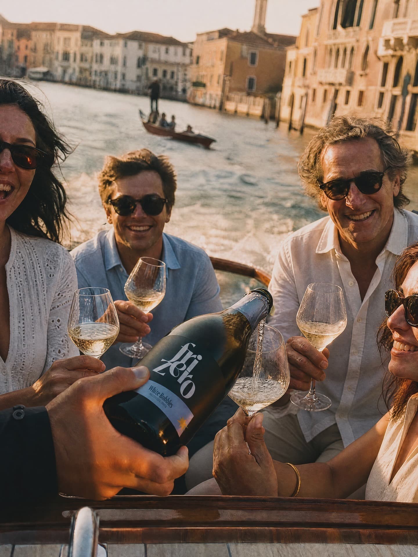 Amici eleganti che ridono e brindano in una terrazza di villa toscana al tramonto
