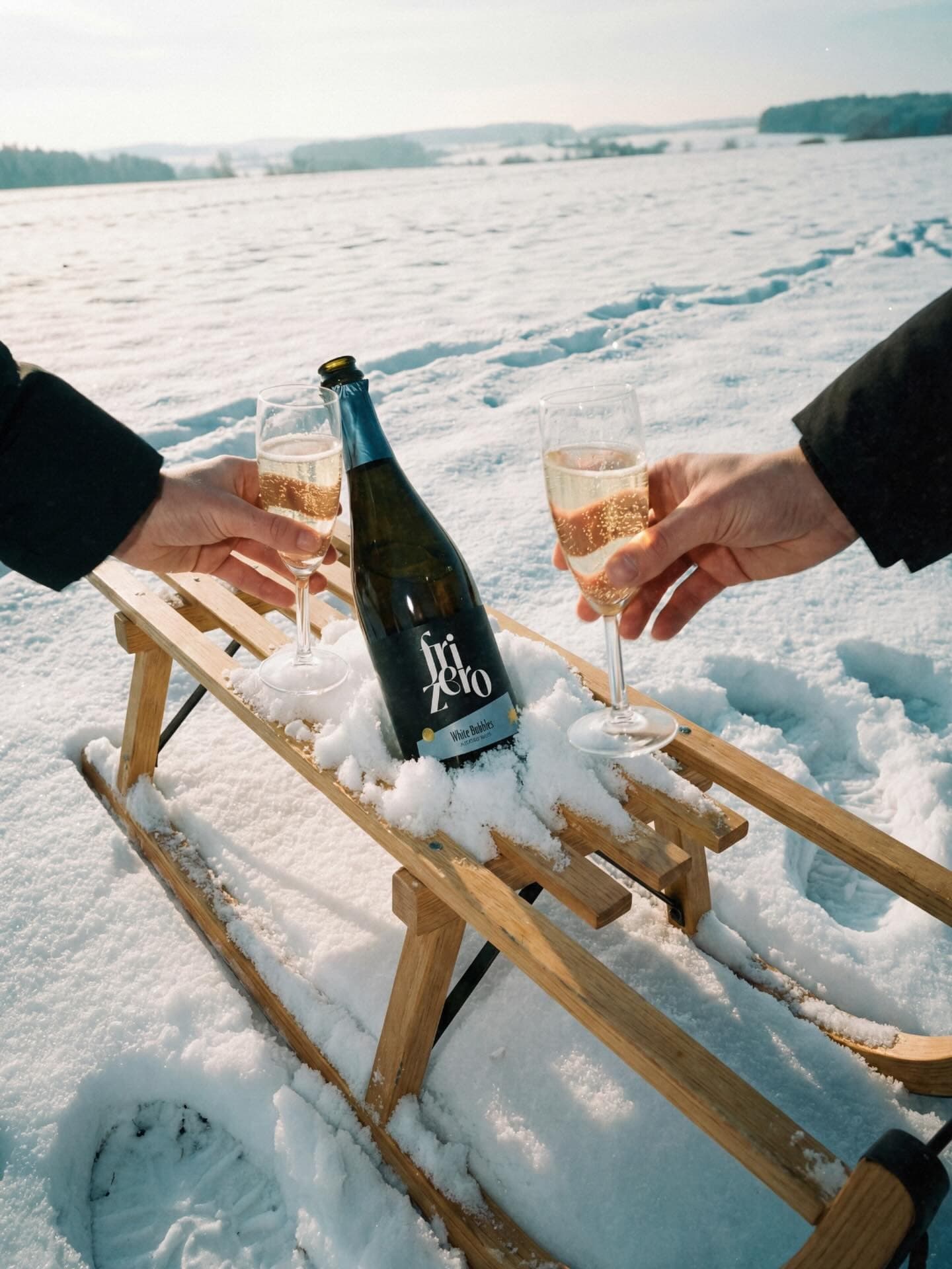 Persone eleganti che brindano con bollicine analcoliche su una terrazza di chalet innevato